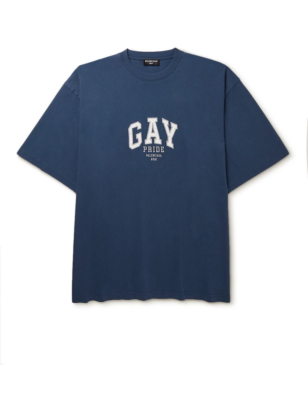 Photo: BALENCIAGA - Appliquéd Cotton-Jersey T-Shirt - Blue