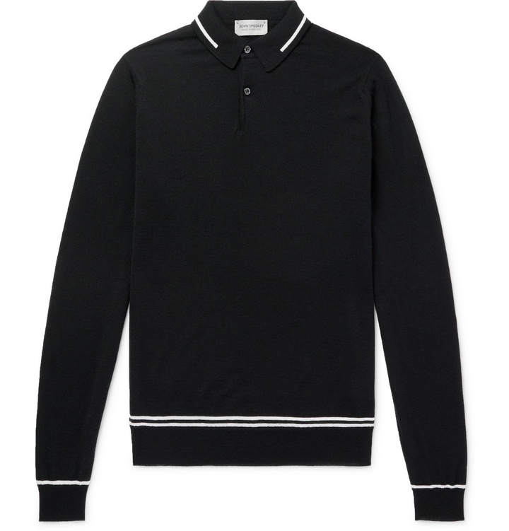 Photo: John Smedley - Treeby Contrast-Tipped Wool Polo Shirt - Black