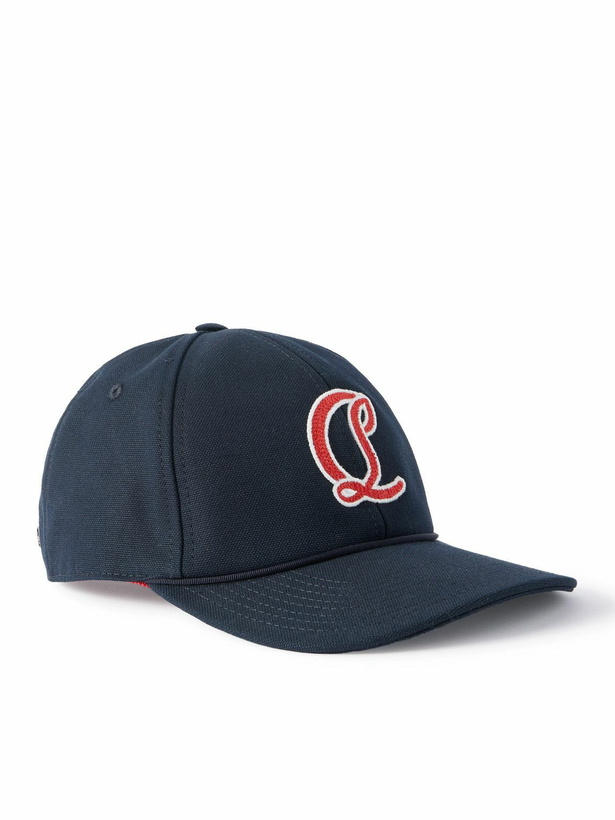 Photo: Christian Louboutin - Mooncrest Ivy Logo-Embroidered Leather-Trimmed Cotton-Canvas Cap - Blue