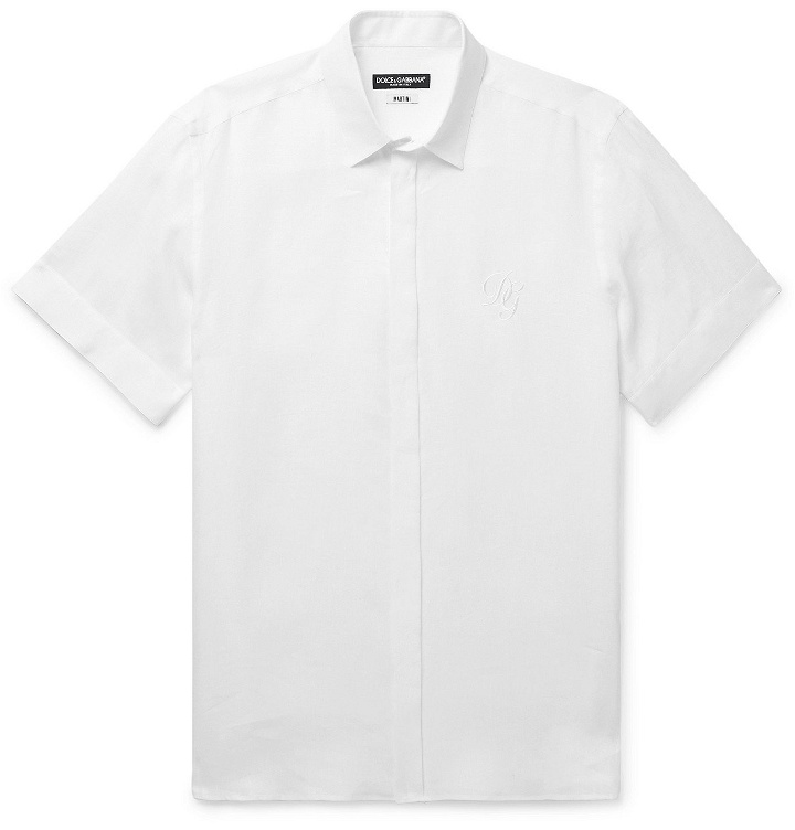 Photo: DOLCE & GABBANA - Logo-Embroidered Slub Linen Shirt - White