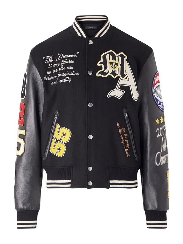 Photo: AMIRI - Appliquéd Embroidered Leather and Wool-Blend Varsity Jacket - Black