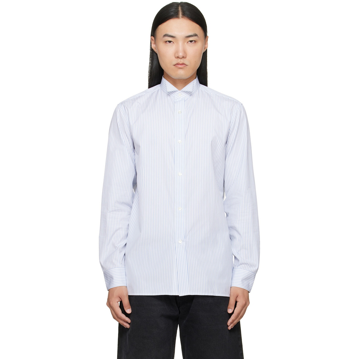 Maison Margiela White & Blue Striped Cotton Shirt