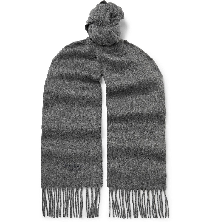 Photo: MULBERRY - Logo-Embroidered Fringed Cashmere Scarf - Gray