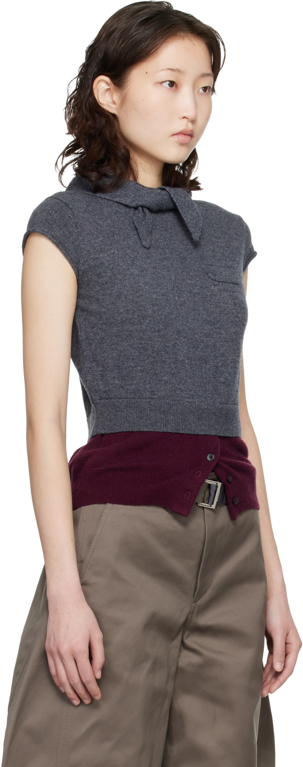 Meryll Rogge Gray & Burgundy Crew Neck Cap Sleeve Bandana Sweater
