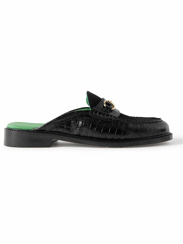 Photo: VINNY's - Suede-Trimmed Croc-Effect Leather Backless Loafers - Black