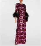 Rebecca Vallance Azalea sequined feather-trimmed gown