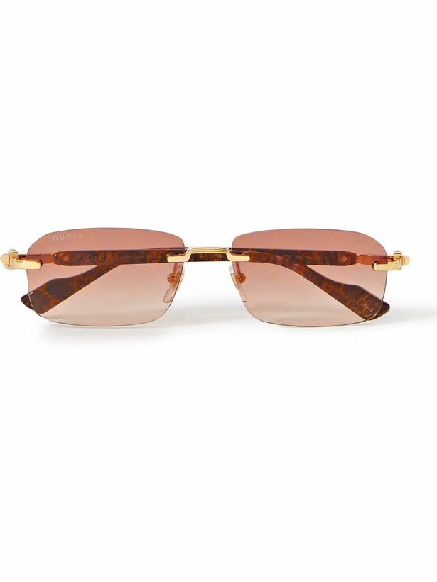 Photo: Gucci Eyewear - Rimless Rectangular-Frame Gold-Tone and Tortoiseshell Acetate Sunglasses