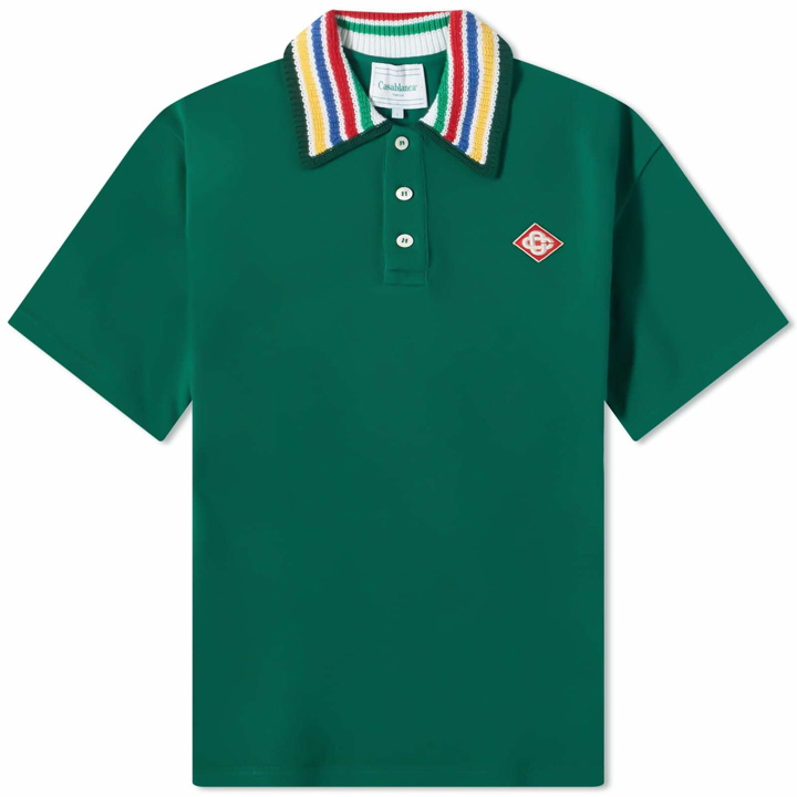 Photo: Casablanca Men's Knit Collar Classic Polo Shirt in Green/Primary Stripe