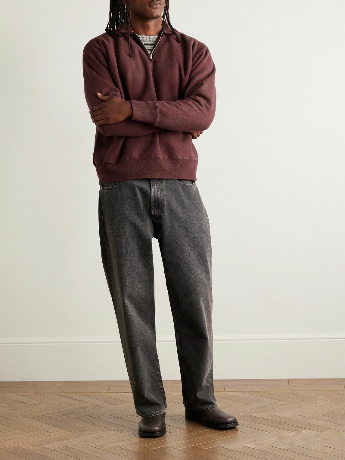 A.PRESSE - Vintage Cotton-Jersey Half-Zip Sweatshirt - Burgundy
