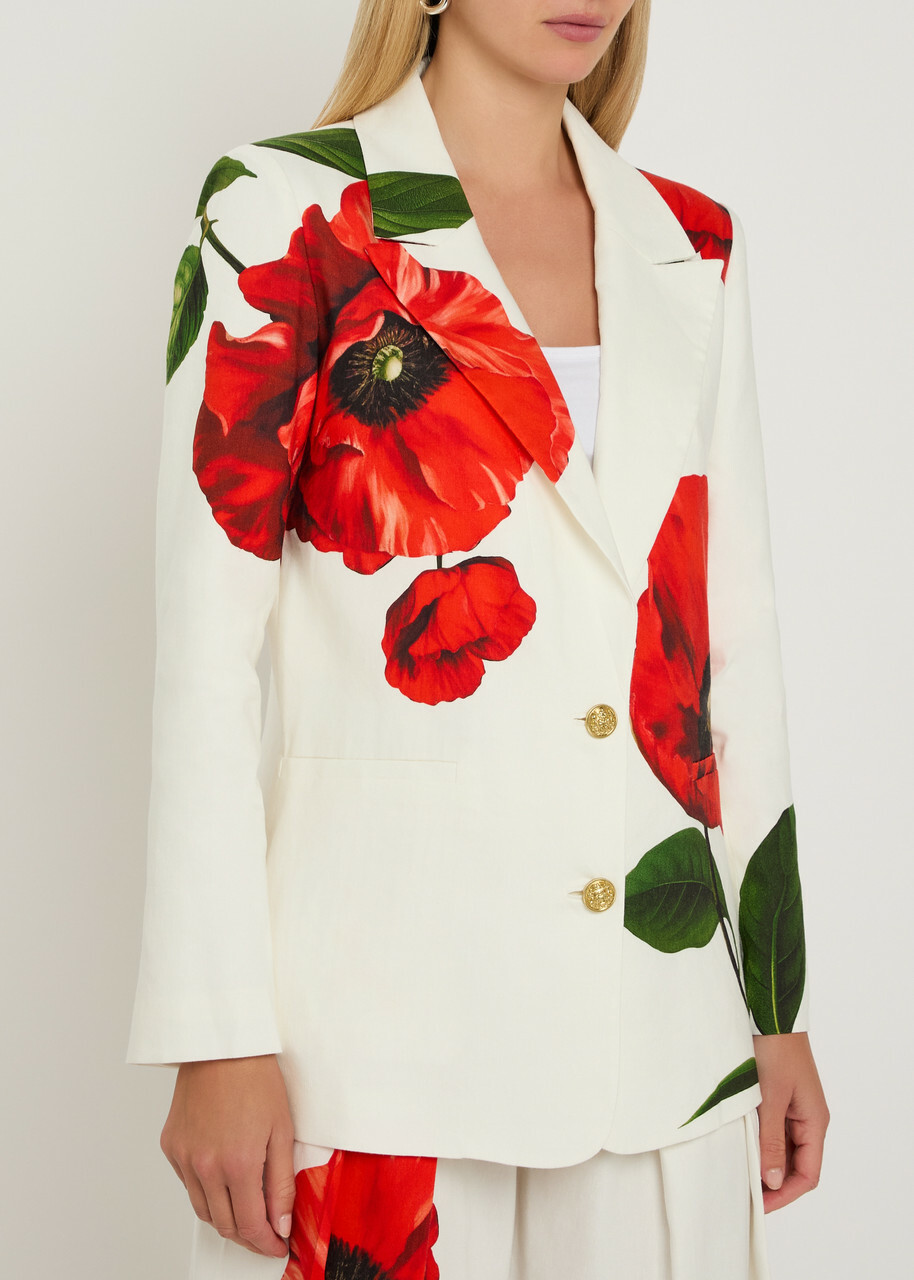 Alice + Olivia Elna Floral-print Linen-blend Blazer White And Red