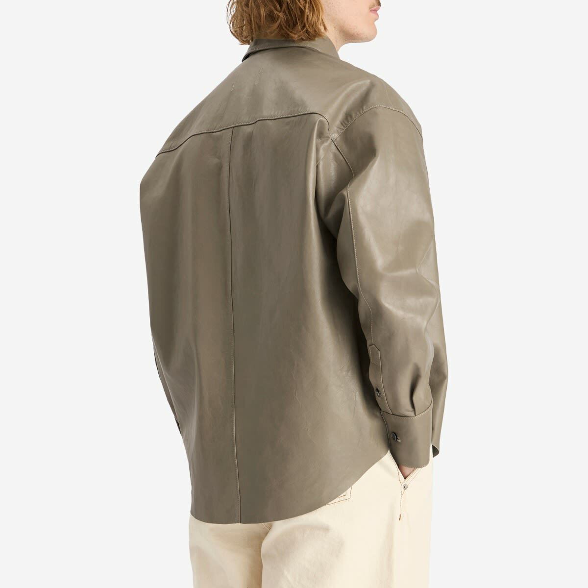 AMI Paris Men's Boxy Fit Leather Overshirt in Laurel AMI