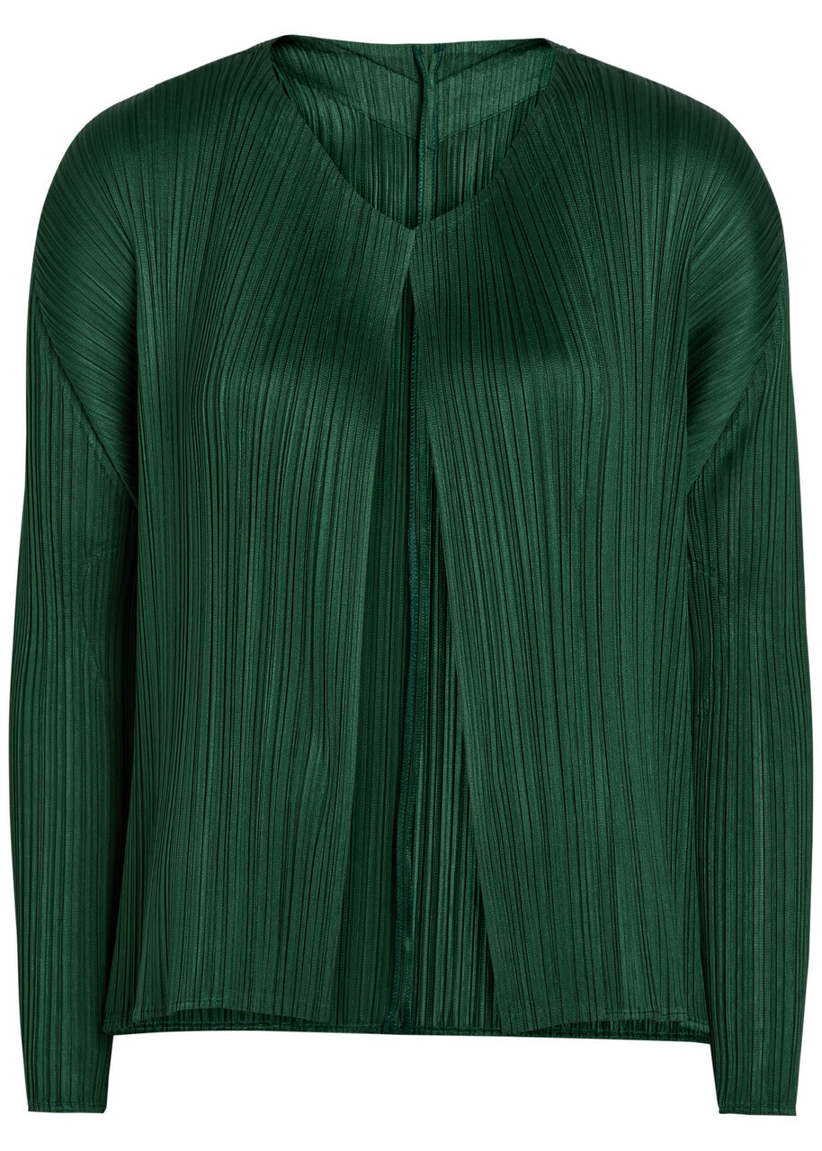 Pleats Please Issey Miyake Pleated Woven Cardigan Dark Green