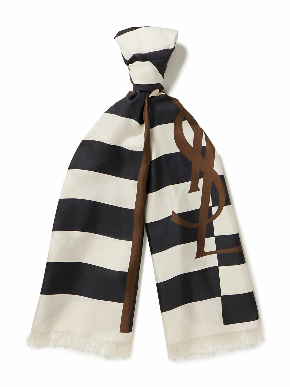 SAINT LAURENT - Frayed Striped Silk-Twill Scarf - Black