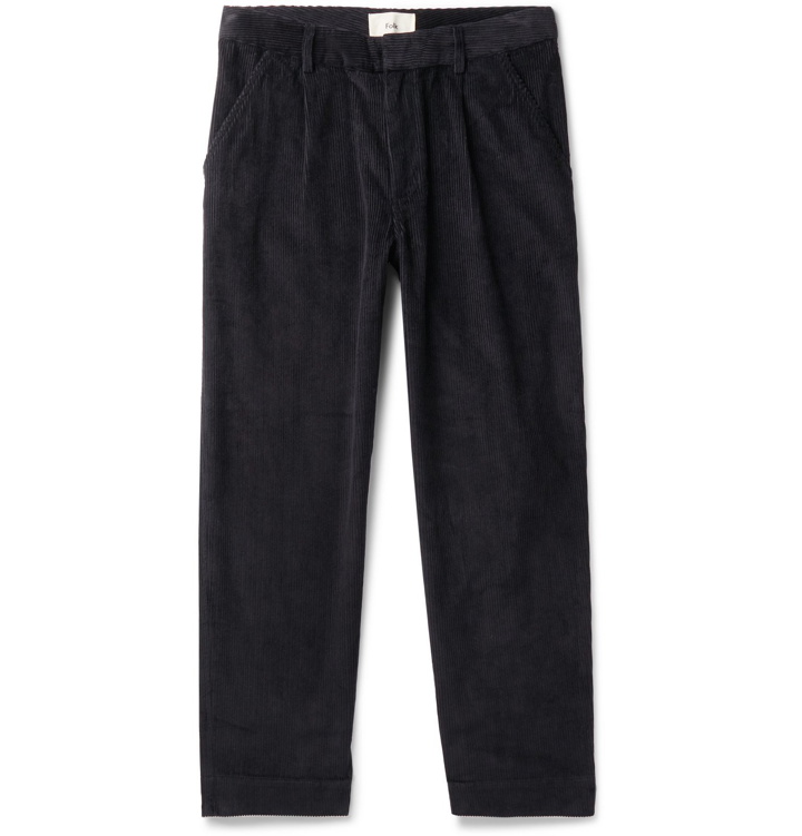 Photo: Folk - Signal Tapered Cropped Pleated Cotton-Corduroy Trousers - Black