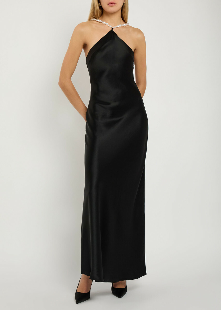 Staud Cadence Faux Pearl-embellished Satin Maxi Dress Black