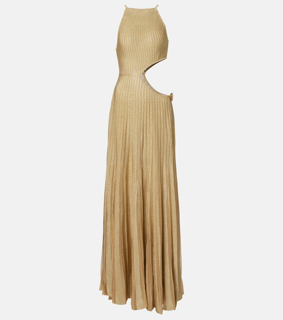 Roberto Cavalli Cutout ribbed-knit sheer lamé gown