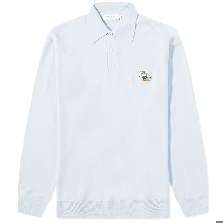 Photo: Maison Kitsuné Men's Dressed Fox Patch Knitted Polo Shirt in Pale Blue