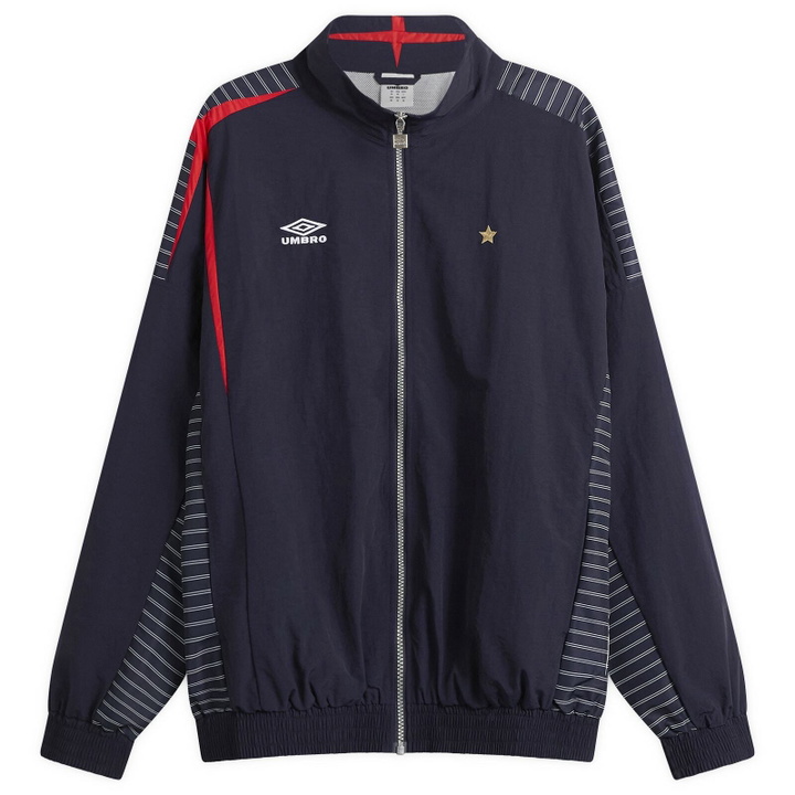 Photo: Umbro Men's Relaxed Track Jacket in Baritone Blue/Brilliant White/Goji Berry