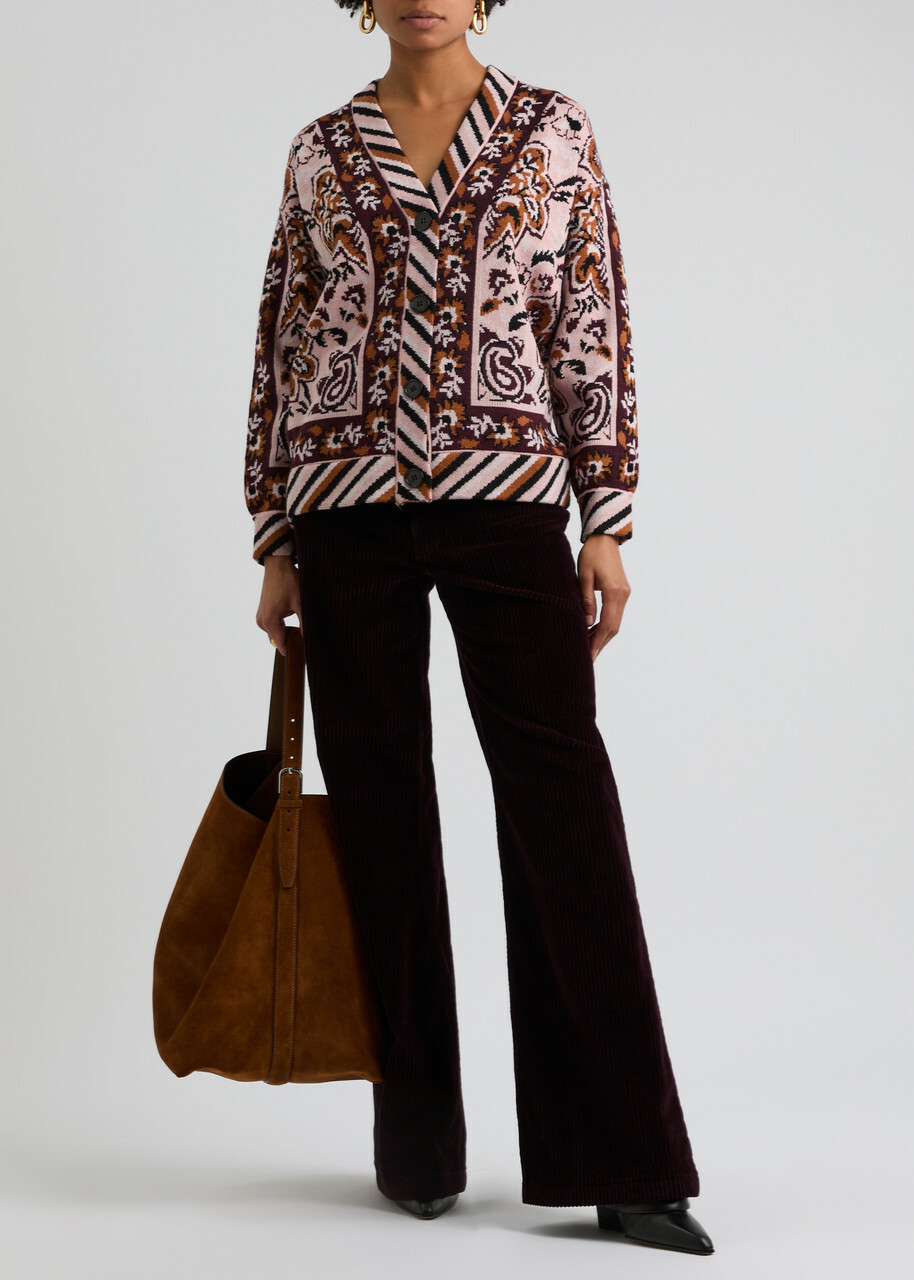 Farm Rio Glam Tapestry Patterned-intarsia Knitted Cardigan Burgundy
