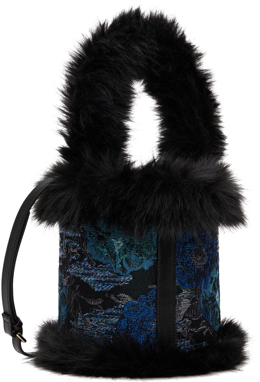 SHUTING QIU Blue & Black Jacquard Patchwork Bucket Bag