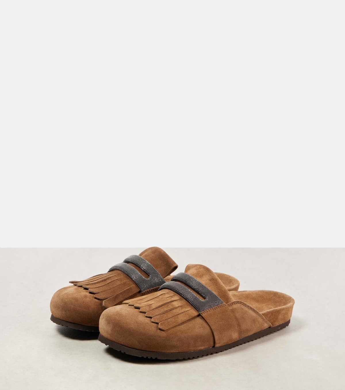 Brunello Cucinelli Fringed suede slippers