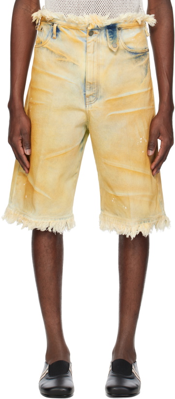 Photo: EGONlab Beige Raw Edges Denim Shorts