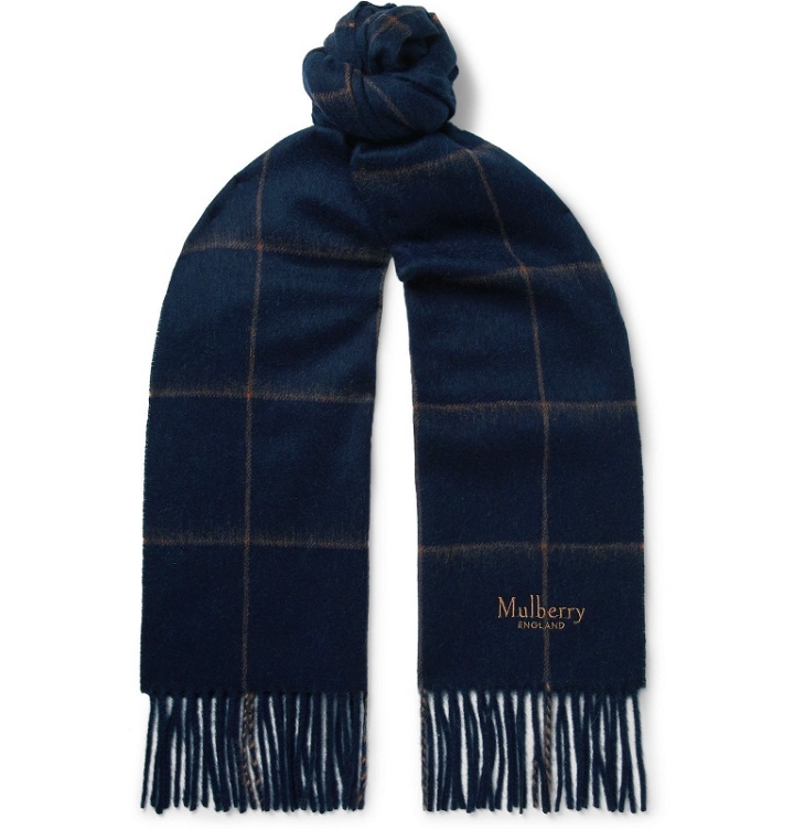 Photo: Mulberry - Fringed Logo-Embroidered Wool Scarf - Blue