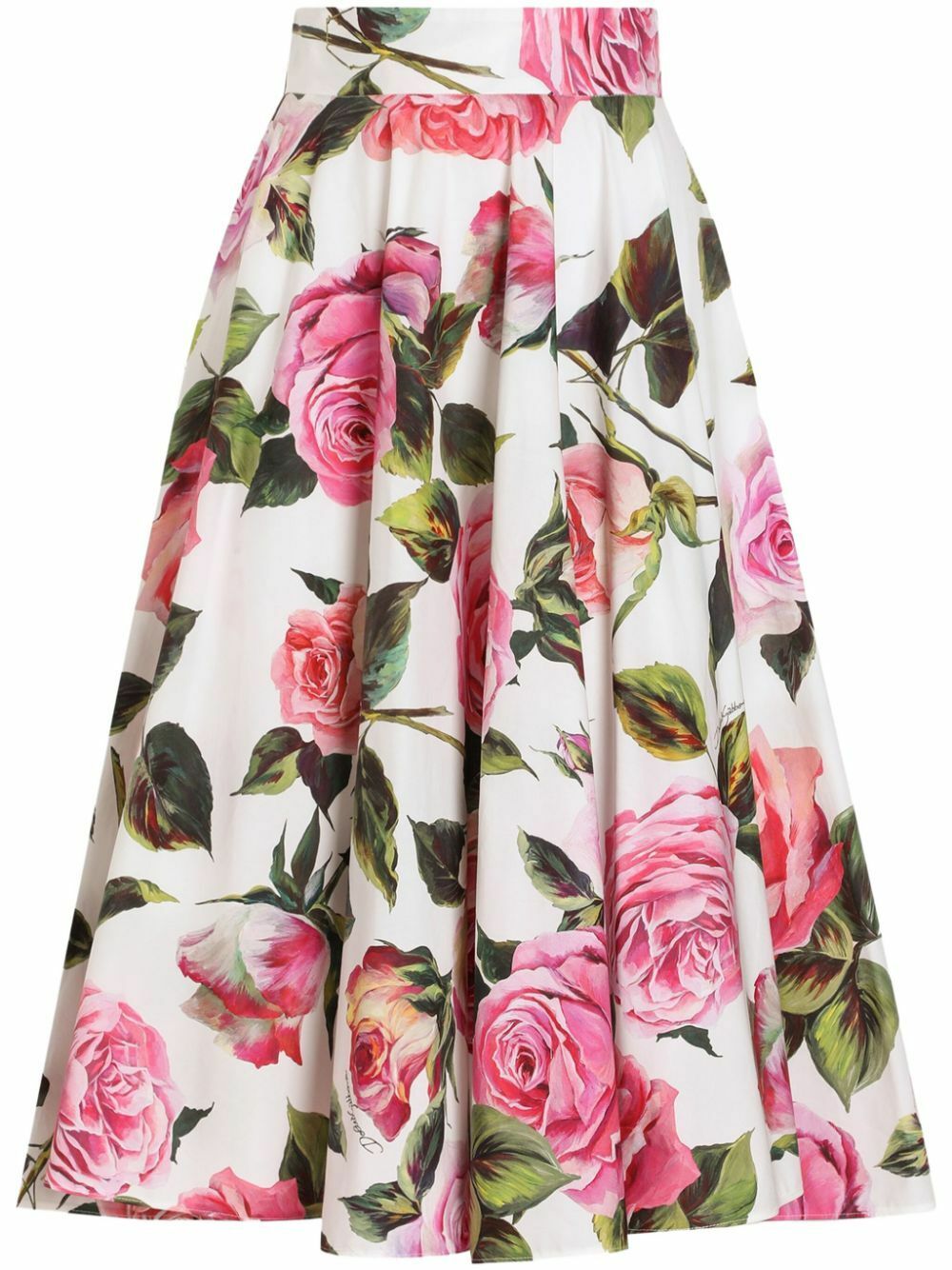 Dolce & Gabbana White Rose Print High Waist Midi A-line Skirt