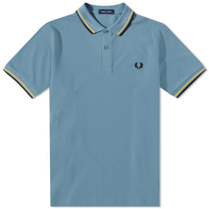 Photo: Fred Perry Men's Slim Fit Twin Tipped Polo Shirt in Azure Blue/Golden Hour/Navy