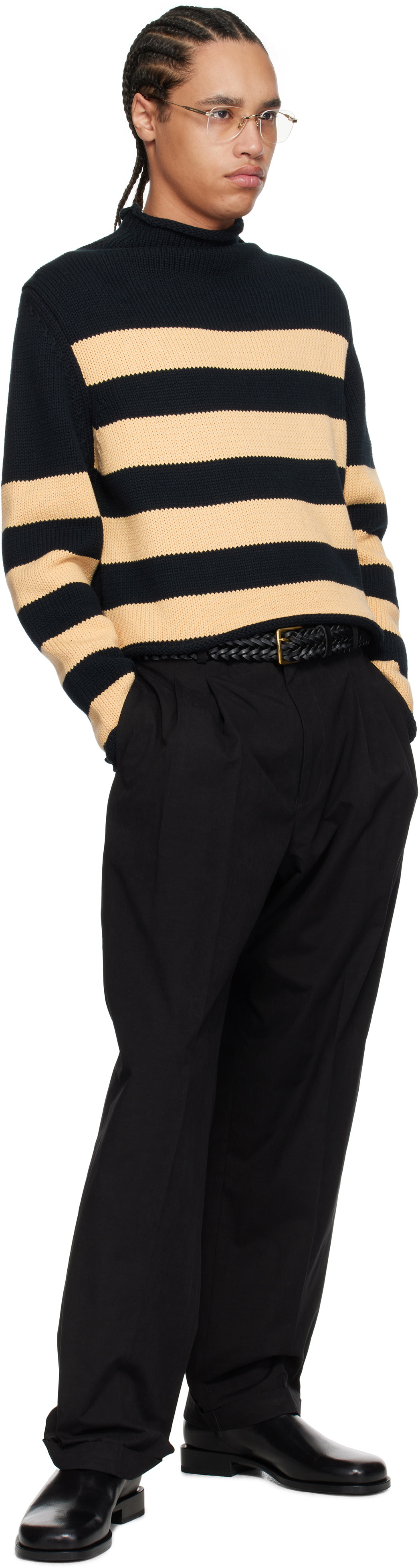 Carter Young Navy & Beige Striped Roll Neck Sweater