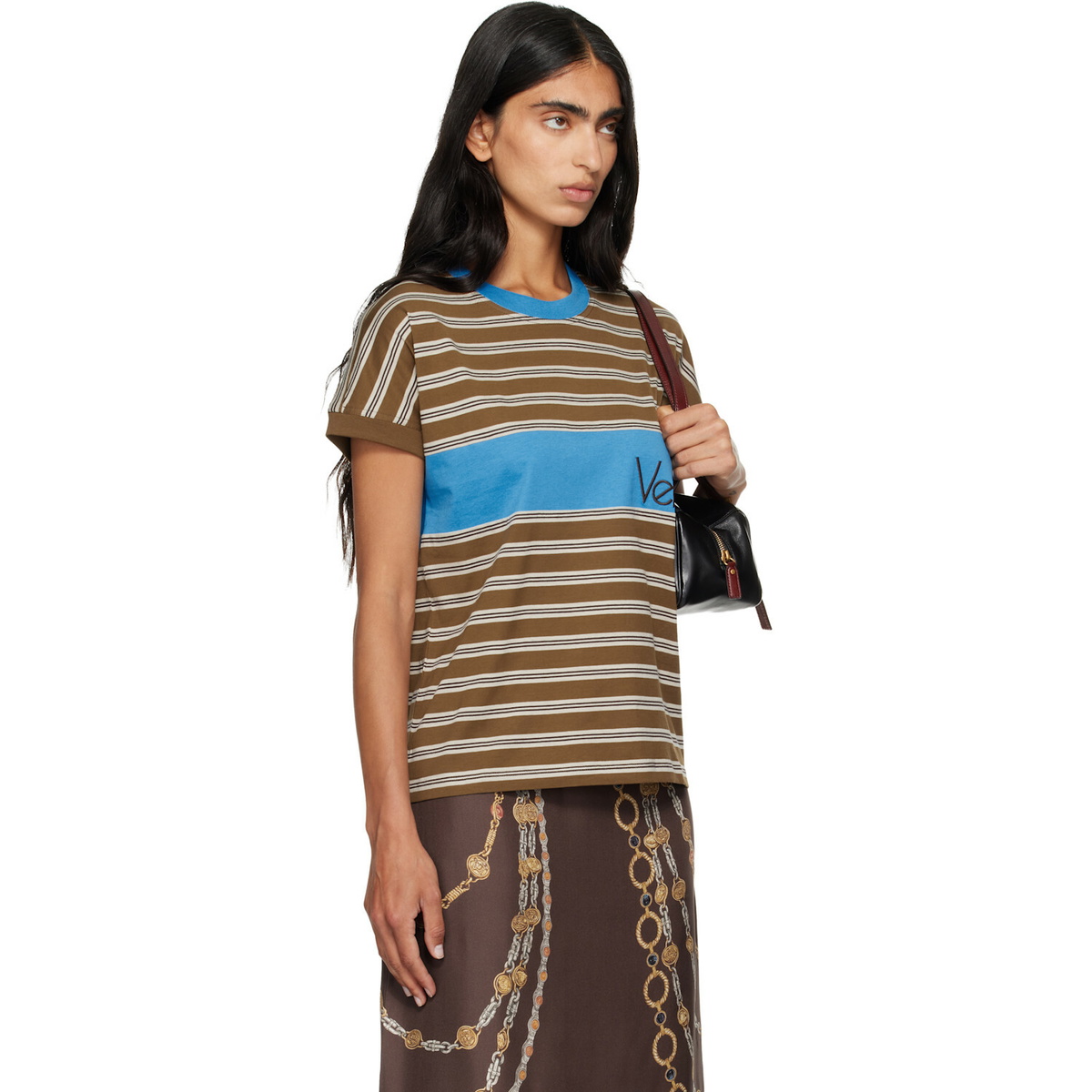 Versace Brown & Blue Embroidered-Logo Striped-Intarsia Cotton T-shirt