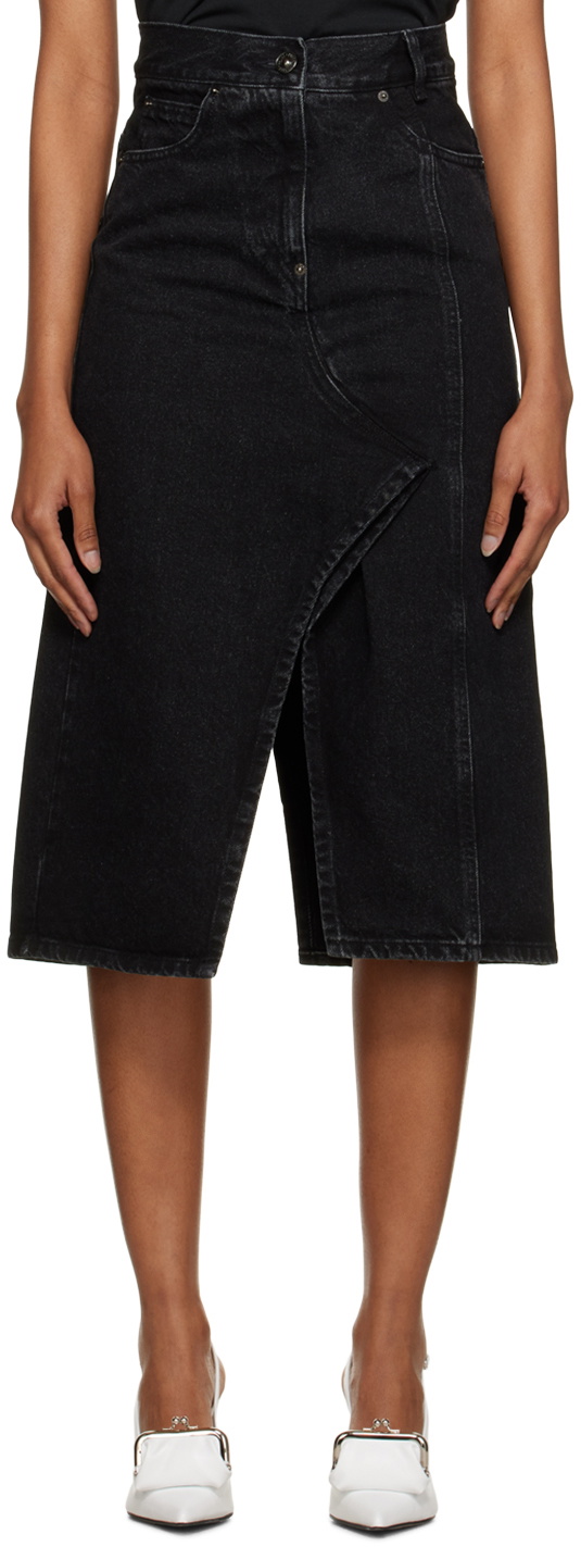 Pushbutton Black Paneled Denim Midi Skirt