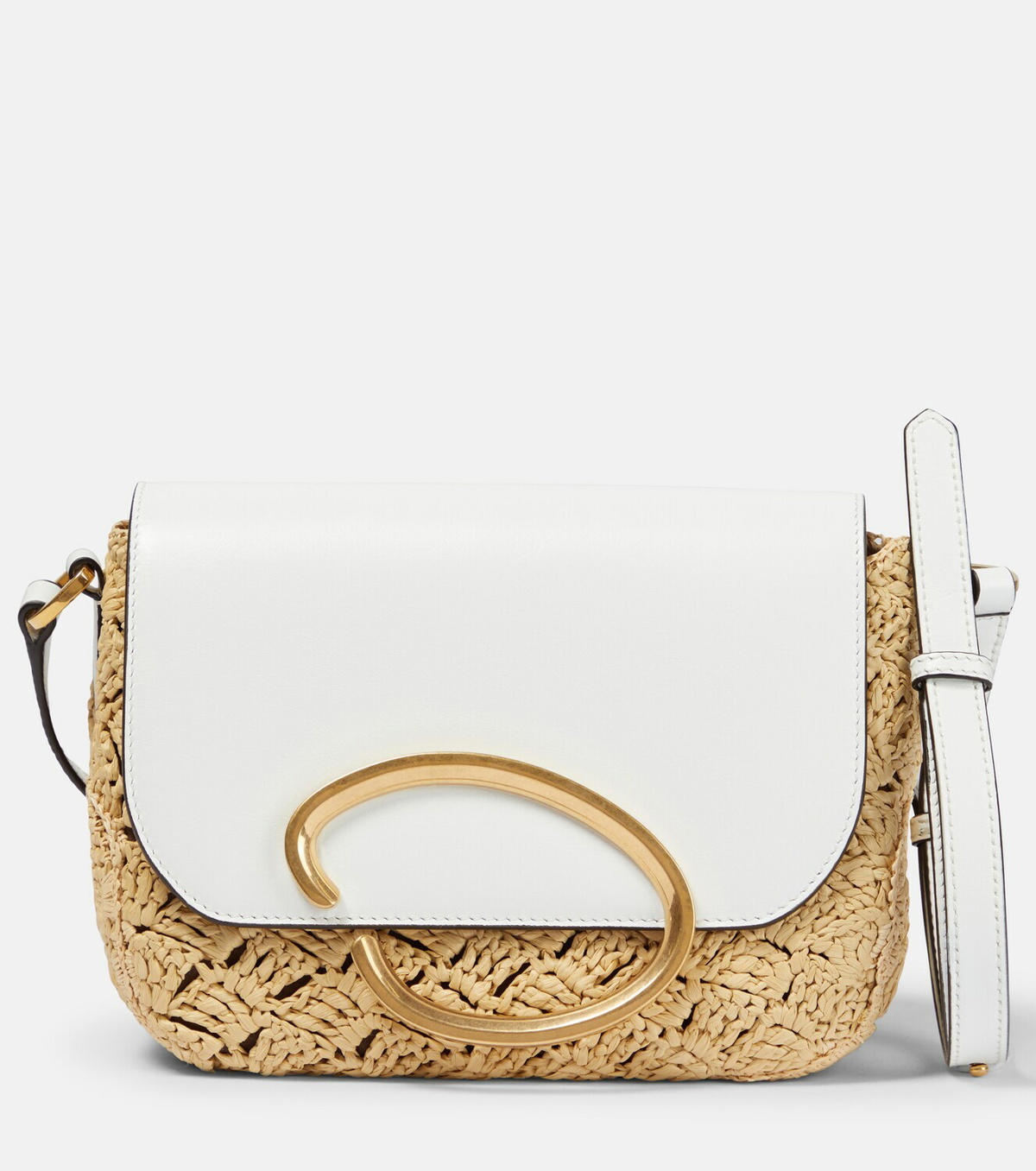 Embellished leather-trimmed metallic crocheted raffia tote