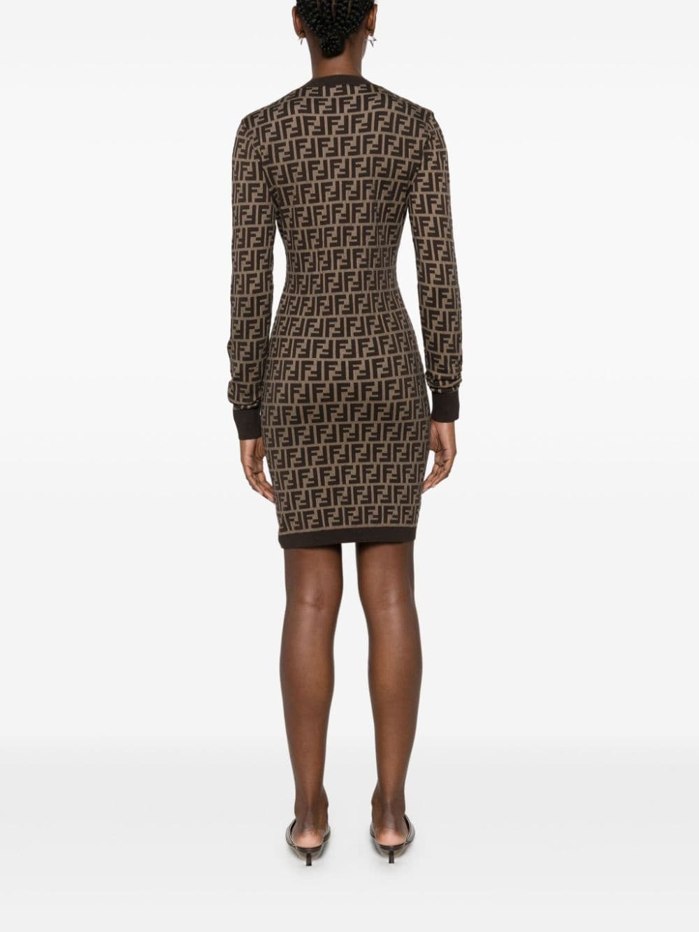 fendi logo mini dress Fendi Logo-Jacquard Metallic Knitted Mini Dress - Gold
