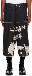 LU'U DAN Black Printed Flag Denim Shorts