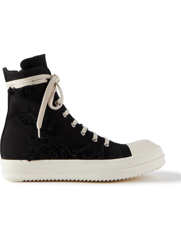 Photo: Rick Owens - Distressed Twill High-Top Sneakers - Black