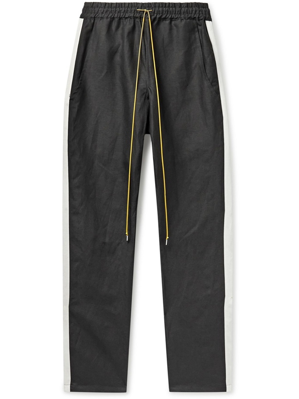Photo: RHUDE - Collegiate Striped Linen and Silk-Blend Drawstring Track Pants - Black