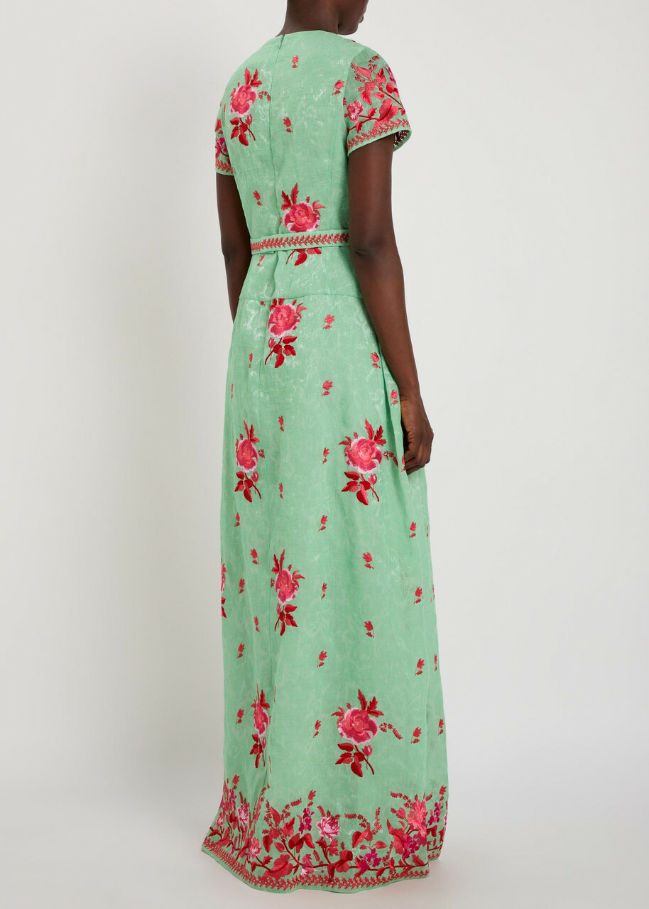 Erdem Floral Belted Cotton and Silk-blend Midi Dress Mint