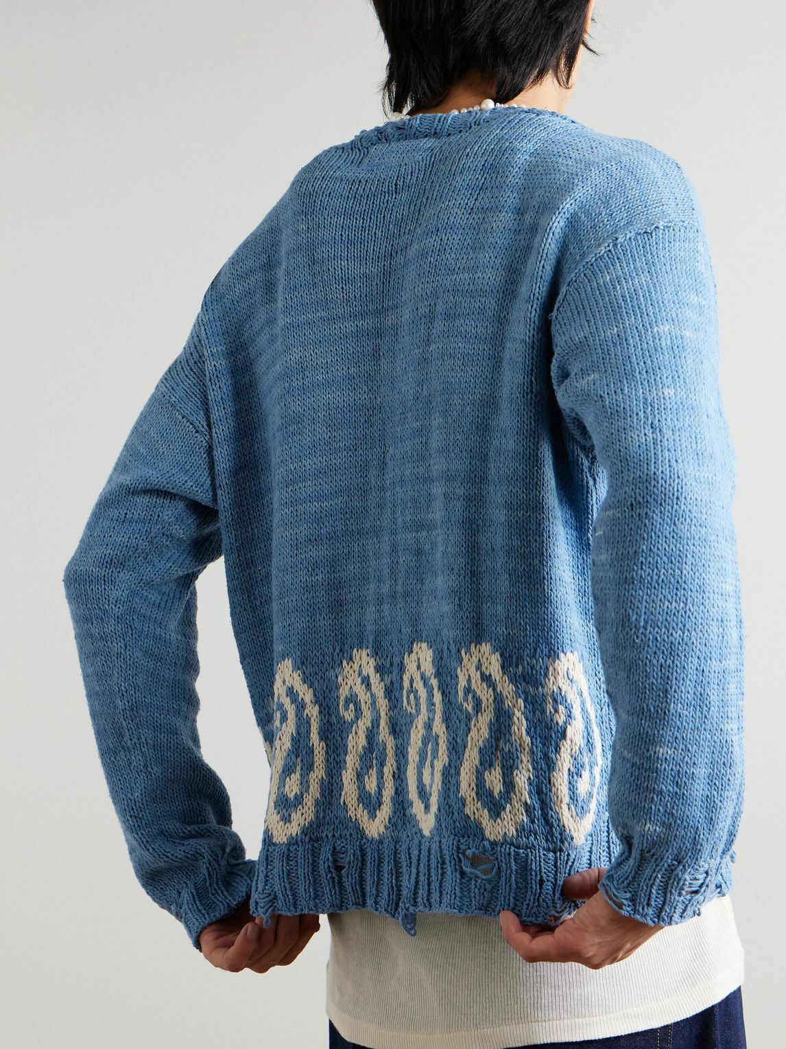 Kartik Research - Distressed Intarsia-Knit Cotton Cardigan - Blue