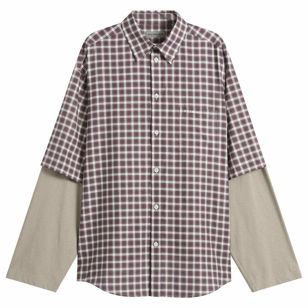 Balenciaga Men's Check Poplin Double Layer Shirt in Red/Navy