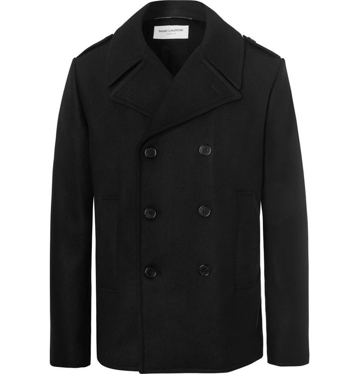 Photo: SAINT LAURENT - Leather-Trimmed Double-Breasted Virgin Wool Peacoat - Black
