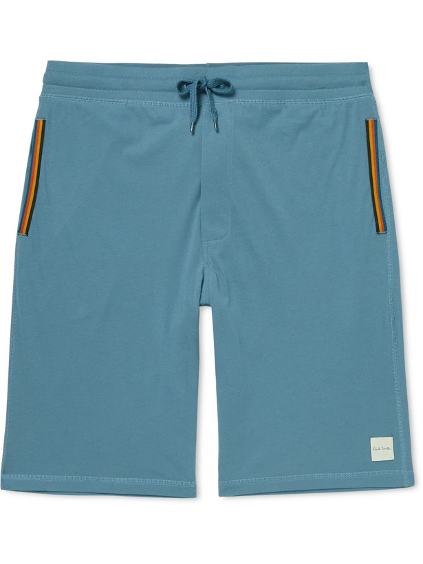 Photo: Paul Smith - Wide-Leg Webbing-Trimmed Cotton-Jersey Drawstring Shorts - Blue