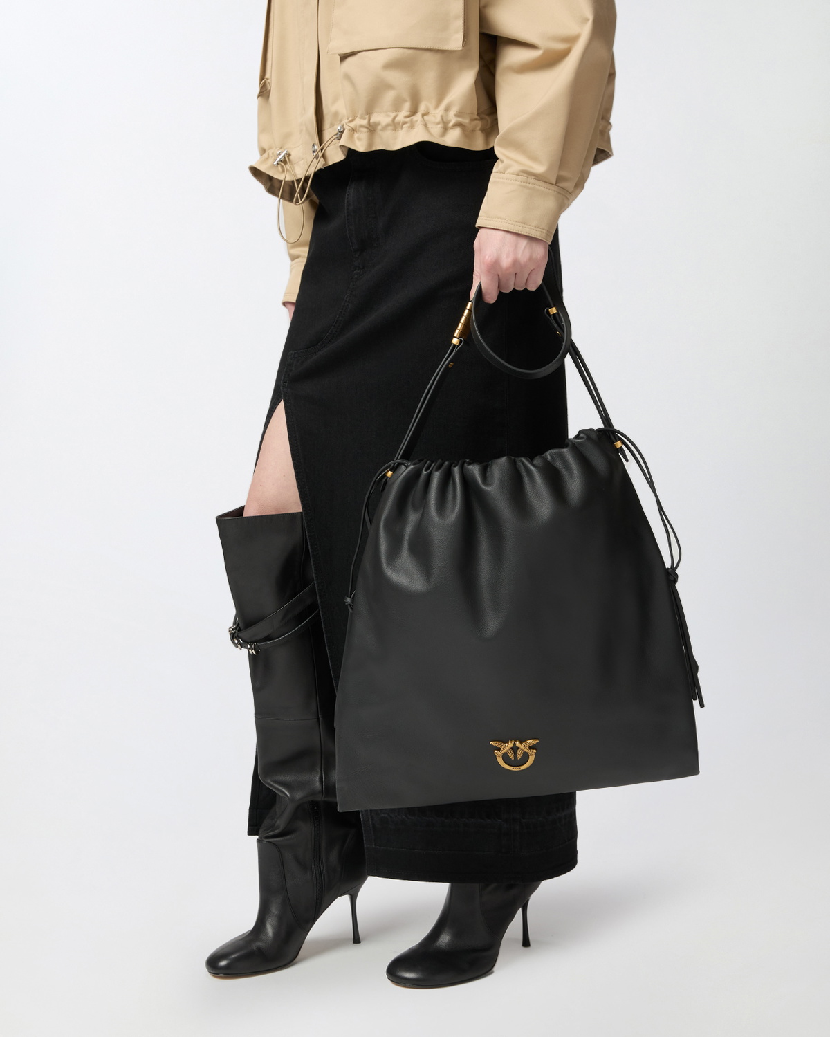 Pinko Large Soft Square Leather Bag Black Antique Gold
