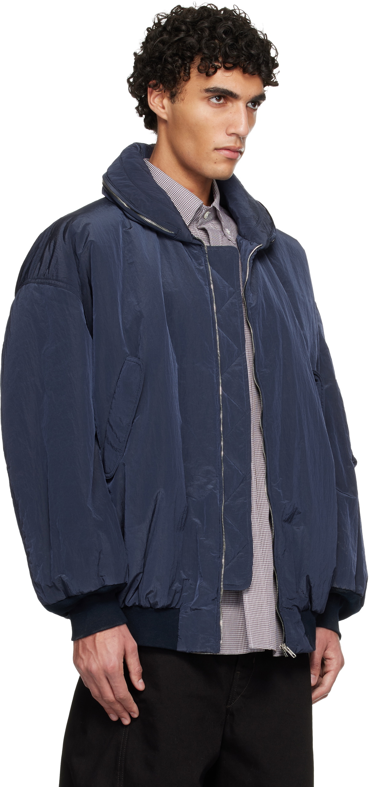 Hed Mayner Navy Crinkled Bomber Jacket Hed Mayner