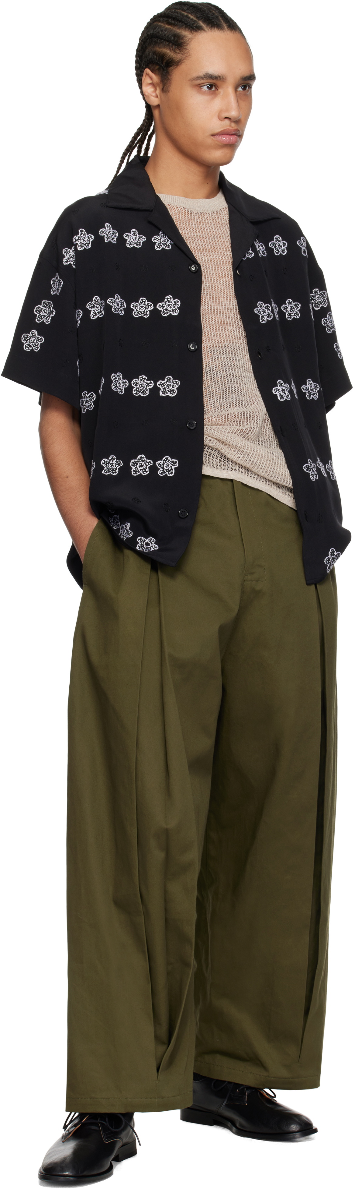Glass Cypress Black Silk Flower Bowling Shirt
