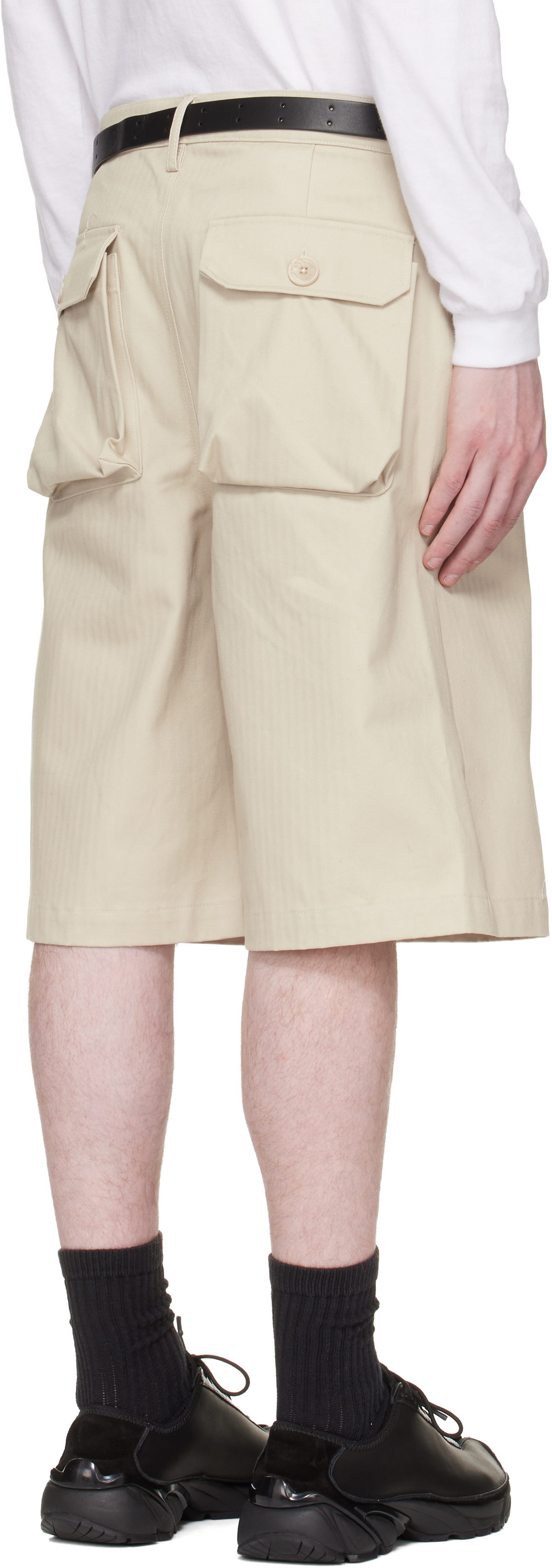 Reese Cooper Beige Cotton Herringbone Patch Pocket Shorts