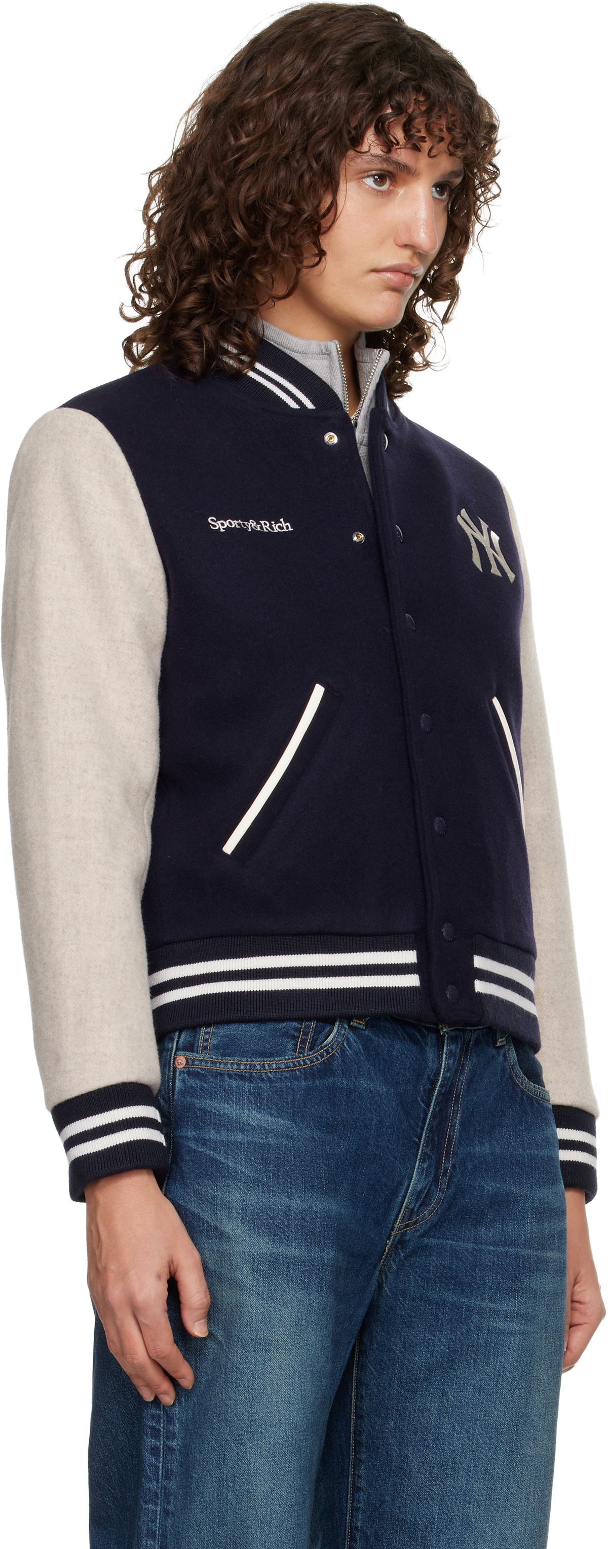 Sporty & Rich Navy & Beige Yankees Curve Wool Varsity Jacket