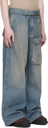 Reese Cooper Blue Washed Denim Patch Pocket Belted Cargo Jeans