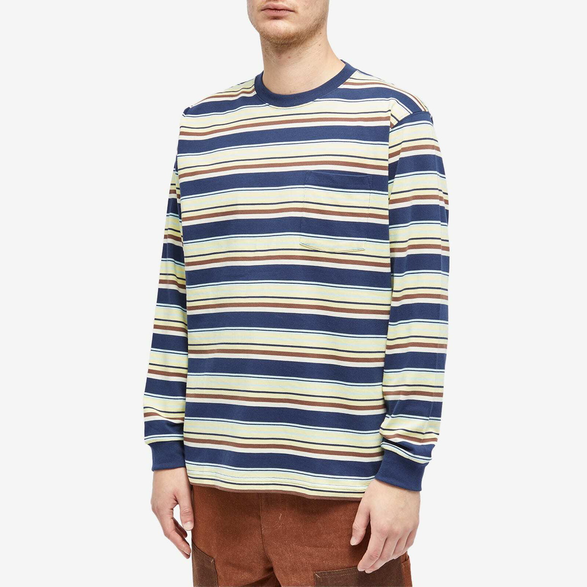 Beams Plus Men's Long Sleeve Multi Stripe Pocket T-Shirt in Navy