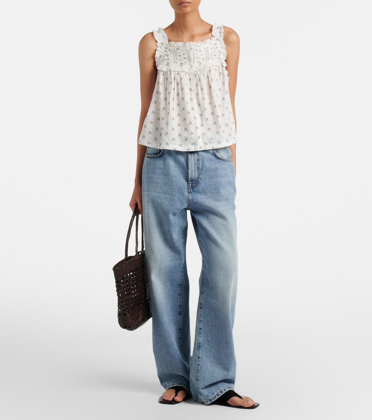 Dôen Fidella floral lace-trimmed cotton top
